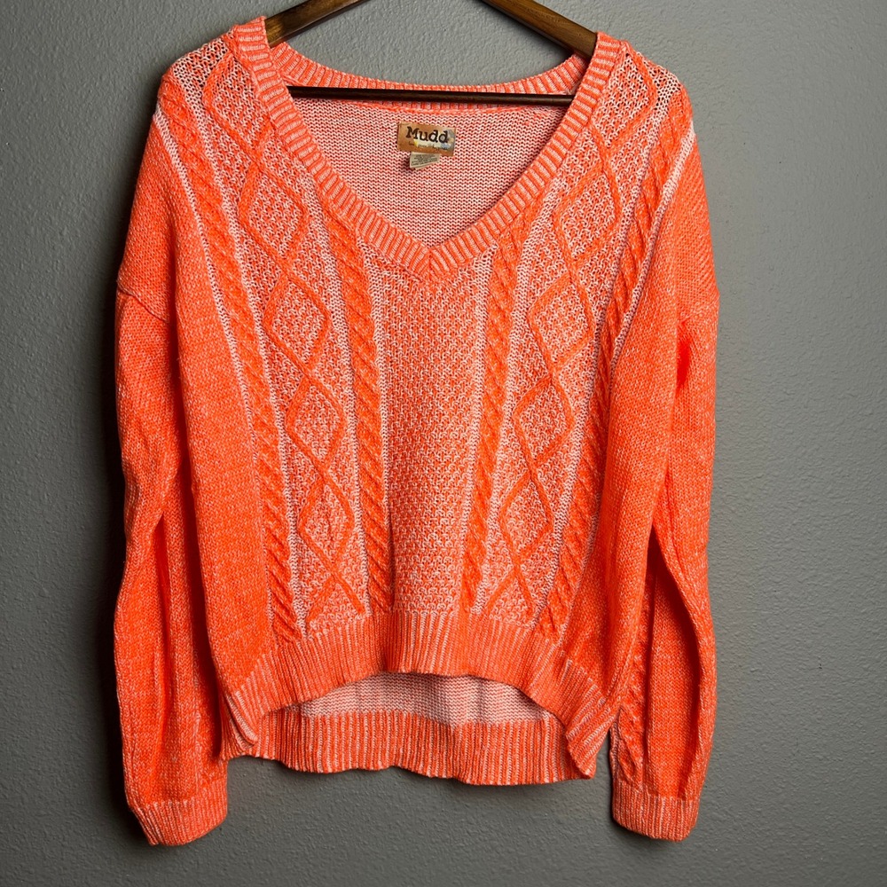 Mudd Womens Y2K V Neck Cable Knit Sweater‎ Orange White Cropped Size Large